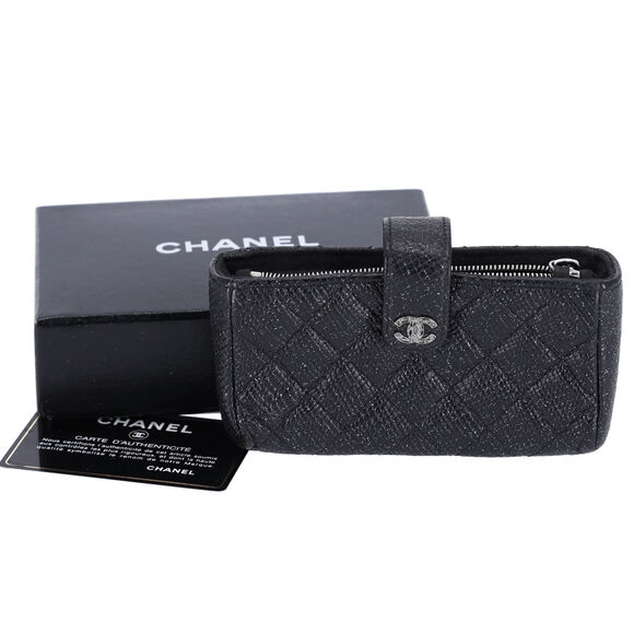 CHANEL Handbags - CHANEL Glitter Calfskin Quilted Mini Phone Holder Wallet Clutch Black